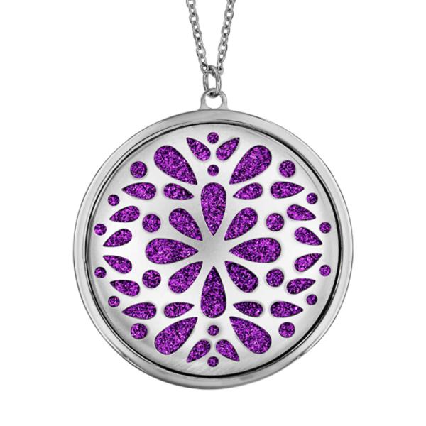 Collier Acier 316 L Pendentif Rond Motif Fleurs Glitter Violet Scintillant