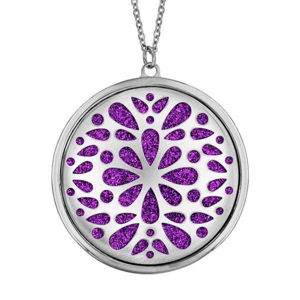 Collier Acier 316 L Pendentif Rond Motif Fleurs Glitter Violet Scintillant