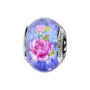 Charms Argent 925 Perle Murano Bleu Pailleté avec Fleurs