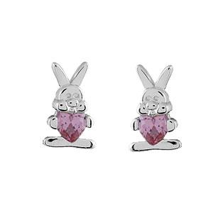 Boucles d'oreilles Argent 925 Enfant Lapin Coeur Zirconium Rose