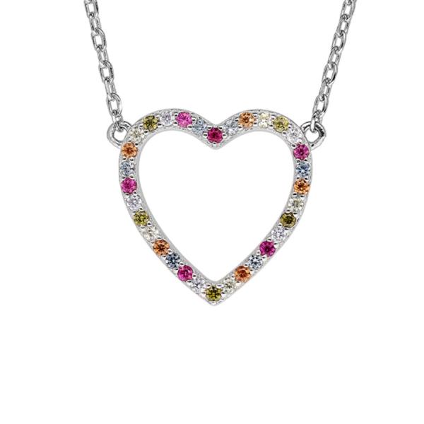 Collier Argent 925 Coeur Evidé Contour Zirconium Multicolore 