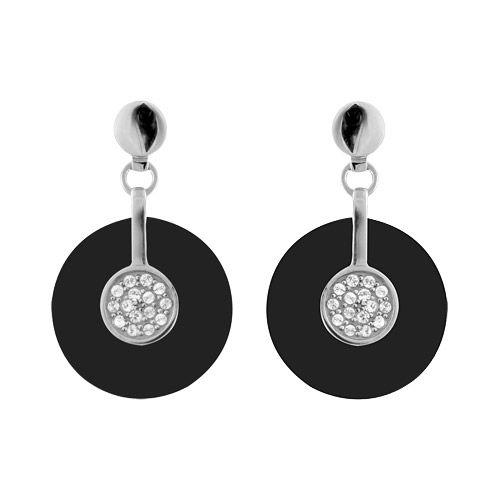 Boucles d'oreilles Acier 316 L Rond Agate Noire et Zirconium