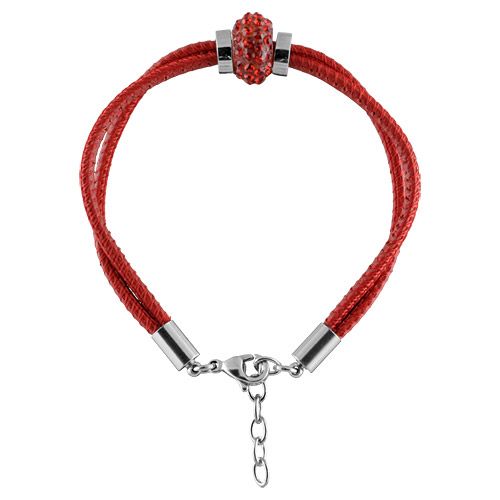 Bracelet Acier 316 L Cuir Rouge Perle Beads Strass Rouge