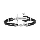 Bracelet Acier 316 L Double Cuir Noir Ancre Marine avec Cable 19+3 cm