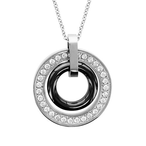 Collier Acier 316 L Pendentif Rond Zirconium avec Cercle Céramique Noire