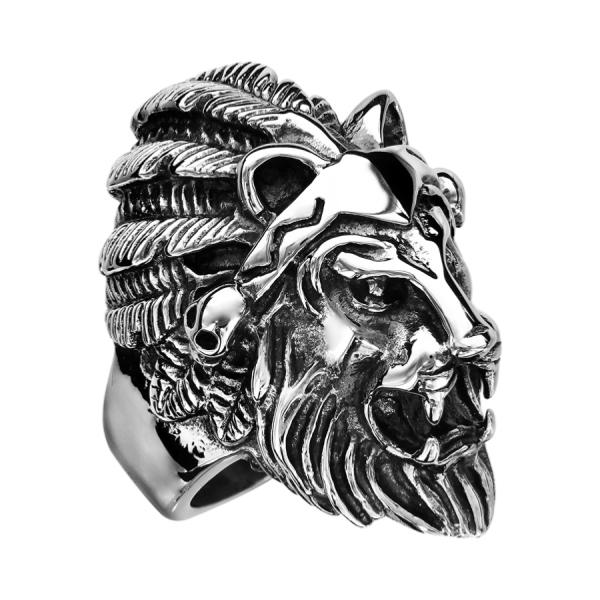 Bague Chevalière Acier 316 L Patiné Tête de Lion avec Plumes 