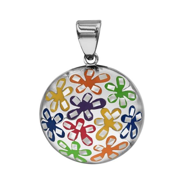 Pendentif Acier 316 L Rond Bombé avec Nacre Motif Fleurs Colorées