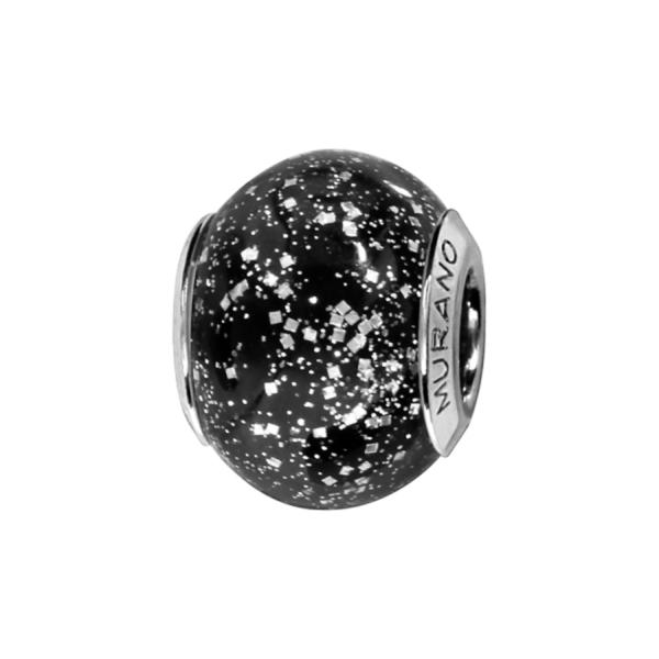 Charms Argent 925 Perle Murano Noir Pailleté Argenté