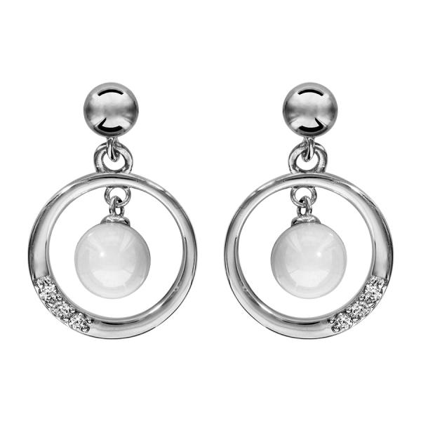 Boucles d'oreilles Argent 925 Cercle avec Zirconium Sertis + Boule Céramique Blanche