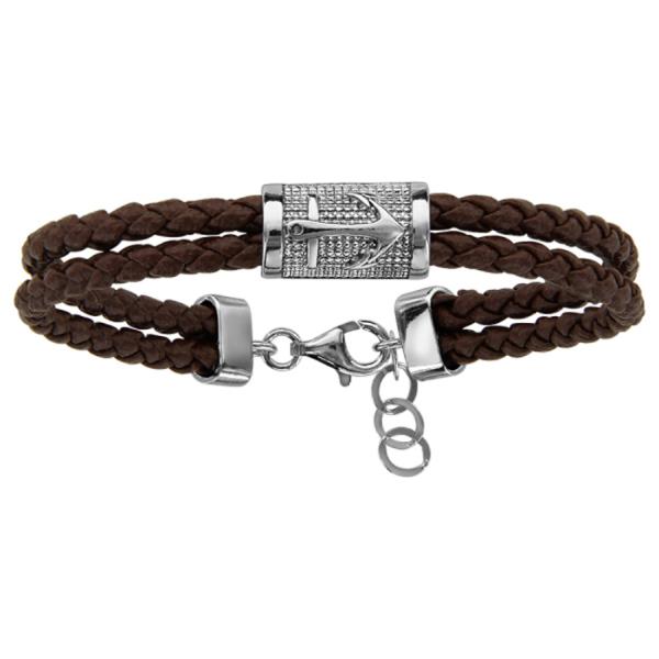 Bracelet Argent 925 Homme Double Rangs Cuir PU Marron Motif Ancre