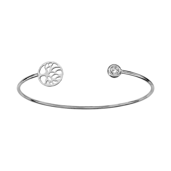 Bracelet Argent 925 Jonc Ouvert Zirconium Serti Clos et Arbre de Vie