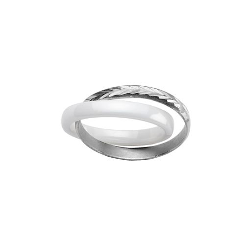 Bague Argent 925 Double Anneaux Céramique Blanc + Epi Diamanté