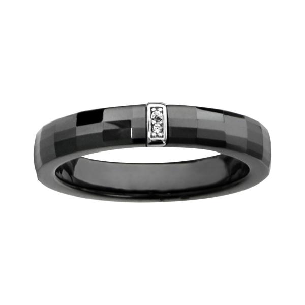 Bague Argent 925 Anneau Céramique Noir Faceté Barette Zirconium Sertis