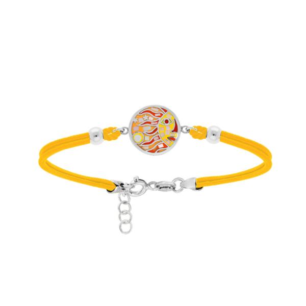 Bracelet Acier 316 L Pastille Ronde Soleil Jaune Orangé avec Nacre Cordon Jaune 16+3 cm