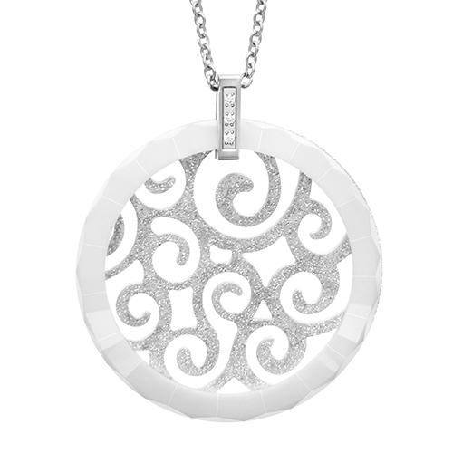 Collier Acier 316 L Pendentif Rond Ajouré Granité Rondelle Céramique Blanche