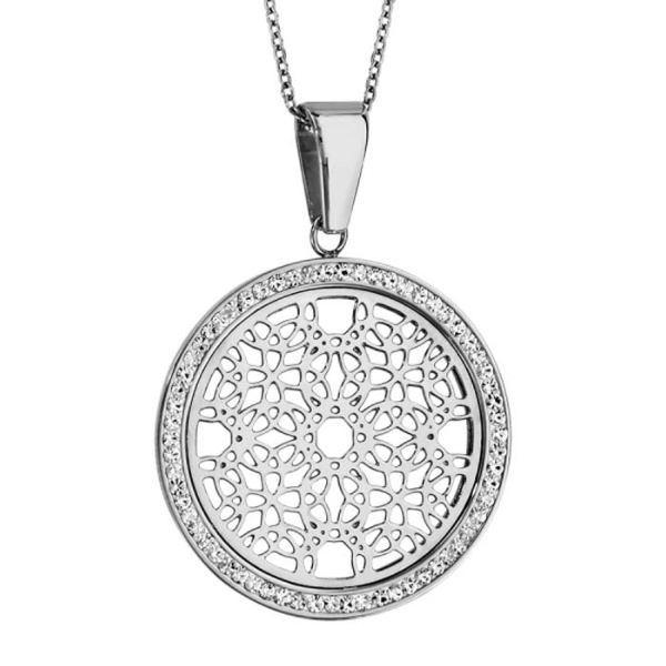 Collier Acier 316 L Pendentif Rond Motif Rosace Contour Strass Blanc