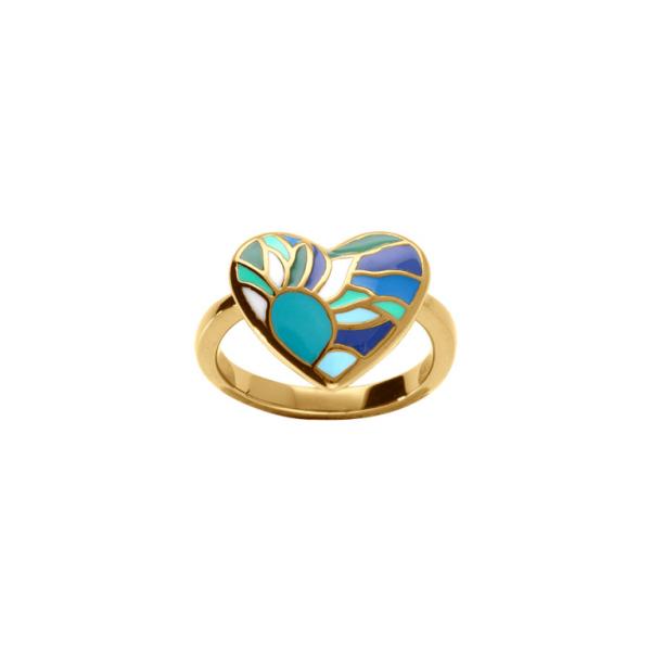 Bague Acier 316 L Doré Forme Coeur Résine Bleu Vert