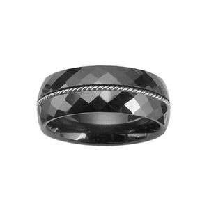 Bague Anneau Céramique Noire 8 mm Facetée + Fil Acier Torsadé