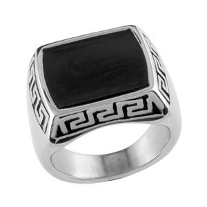 Bague Chevalière Acier 316 L Plateau Agate Noir Motif Grec