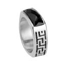 Bague Acier 316 L Anneau Agate Noire Facetée Motif Grec