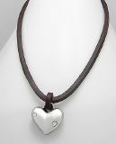 Collier Acier Inoxydable et Cuir Vachette Marron Coeur