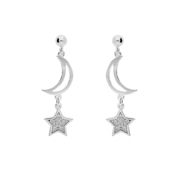 Boucles d'oreilles Argent 925 Platiné Lunes et Etoiles avec Zirconium