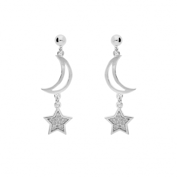 Boucles d'oreilles Argent 925 Platiné Lunes et Etoiles avec Zirconium