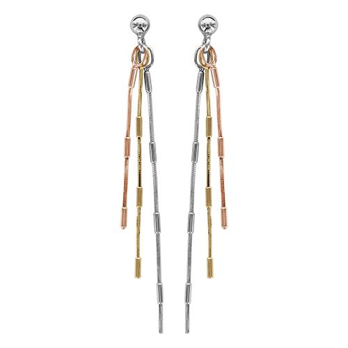 Boucles d'oreilles Argent 925 Triple Chaines Cylindres Jaune Gris Rose