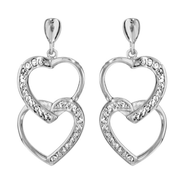 Boucles d'oreilles Argent 925 et Zirconium Sertis Double Coeurs Entremêlés