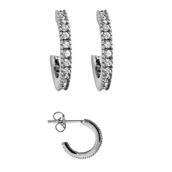 Boucles d'oreilles Argent 925 Demi Créoles Ronde avec Zirconium Sertis