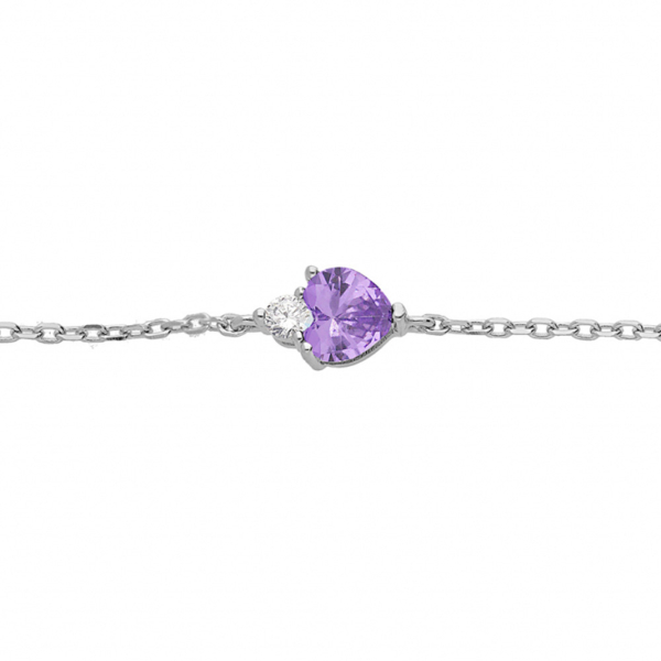 Bracelet Argent 925 Rhodié Zirconium Violet en Forme de Coeur