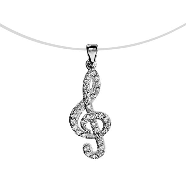 Collier Argent 925 Fil Nylon Pendentif Clef de Sol avec Zirconium