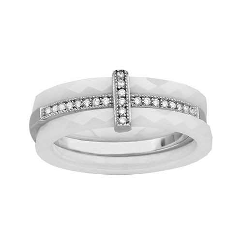 Bague Argent 925 Double Anneaux Céramique Blanc + 1 Rail Zirconium Micro Sertis