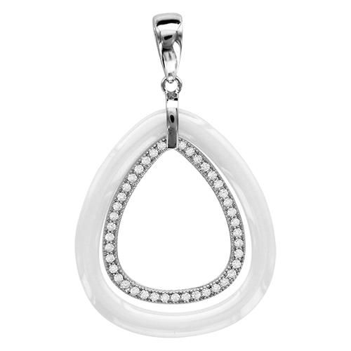 Pendentif Argent 925 Double Ovale Céramique Blanche + Zirconium Sertis