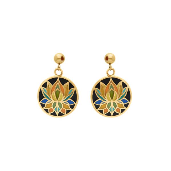 Boucles d'oreilles Tige Acier 316L Doré Jaune Fleur de Lotus Résine Multicouleur Fond Noir