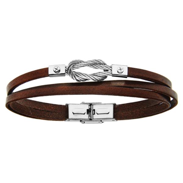 Bracelet Acier 316 L Cuir Bovin Marron 3 Rangs Noeud Marin 