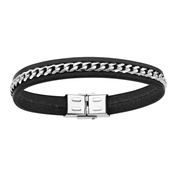 Bracelet Acier 316 L Cuir Noir avec Chainette