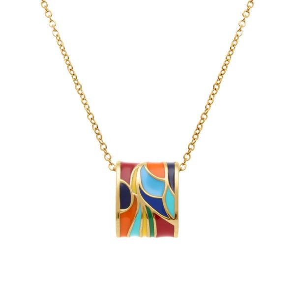 Collier Acier 316 L Doré Jaune Pendentif Rectangulaire avec Résine Multicouleur