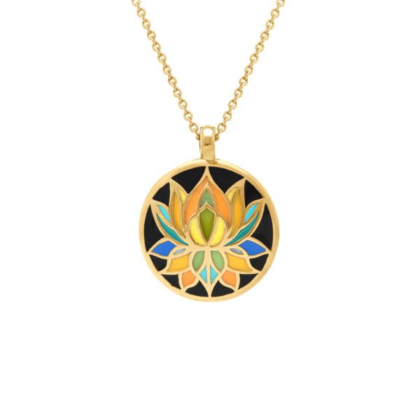Collier Acier 316L Doré Jaune Pendentif 16 mm Fleur de Lotus Résine Multicouleur Fond Noir