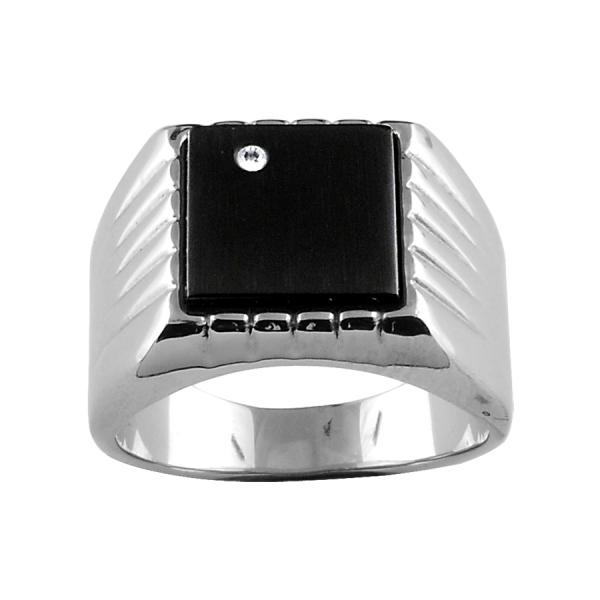 Bague Homme Acier 316 L Chevalière Plateau Carré Noir 1 Strass