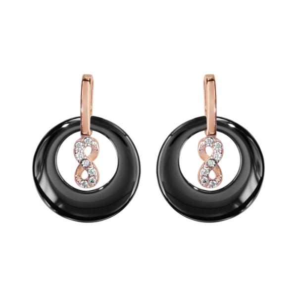Boucles d'oreilles Plaqué Or Rose Rond Céramique Noire avec Infini Zirconium