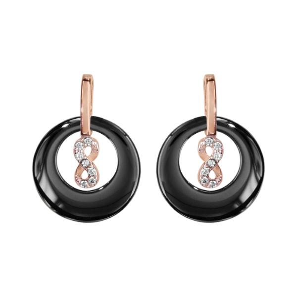 Boucles d'oreilles Plaqué Or Rose Rond Céramique Noire avec Infini Zirconium