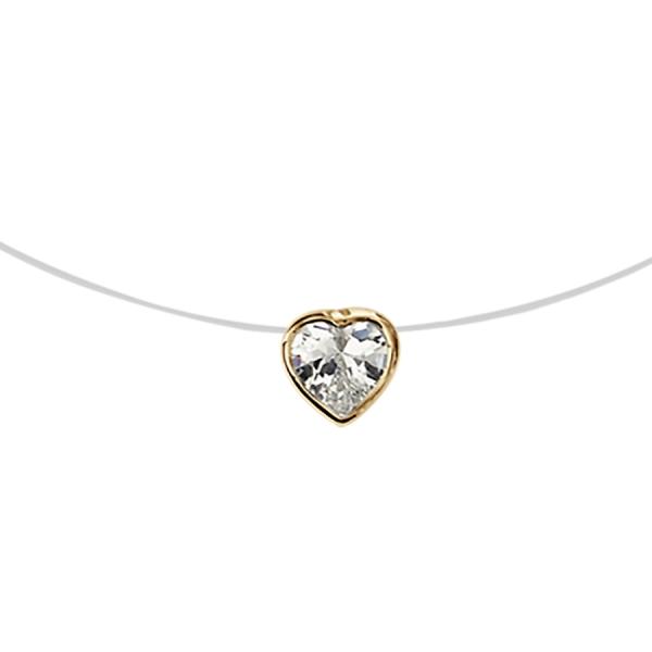 Collier Plaqué Or Fil Nylon Pendentif Coeur Zirconium