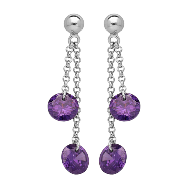 Boucles d'oreilles Argent 925 Double Chainette Pierre Synthese Violette