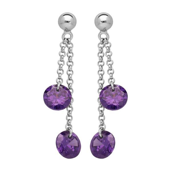 Boucles d'oreilles Argent 925 Double Chainette Pierre Synthese Violette