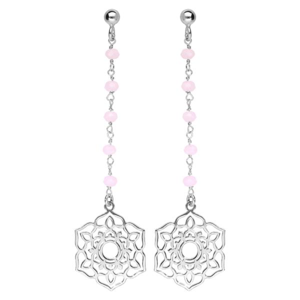 Boucles d'oreilles Argent 925 Pendante Fleur Ajourée Pierres Rose 