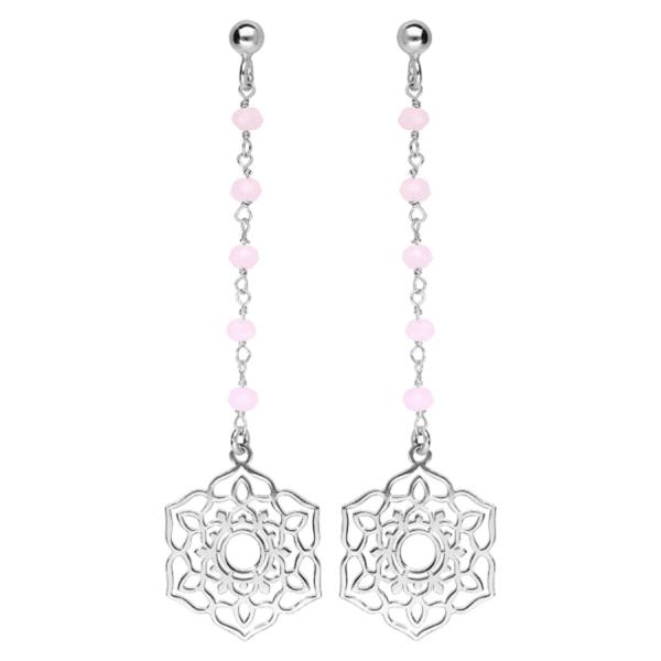 Boucles d'oreilles Argent 925 Pendante Fleur Ajourée Pierres Rose 