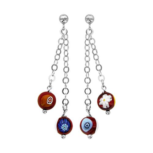 Boucles d'oreilles Argent 925 Verre de Murano Double Chainettes avec Boules Multicolores