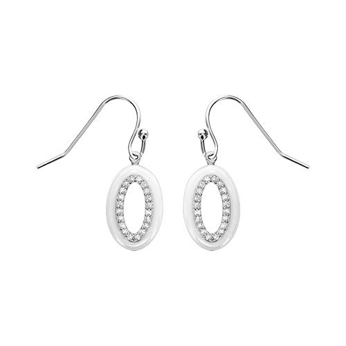 Boucles d'oreilles Argent 925 Ovale Céramique Blanche Contour Zirconium Sertis