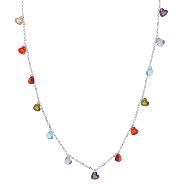 Collier Argent 925 Paladium Pampilles Coeurs Multi Couleurs